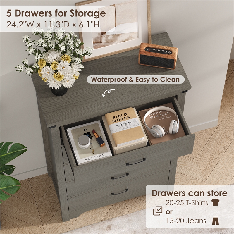 Modern 5-Drawer Dresser with Anti-Tipping Device & Storage Organizer  - Gray