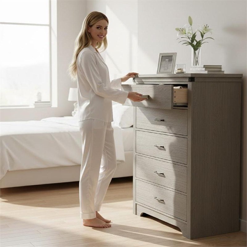 Modern 5-Drawer Dresser with Anti-Tipping Device & Storage Organizer  - Gray