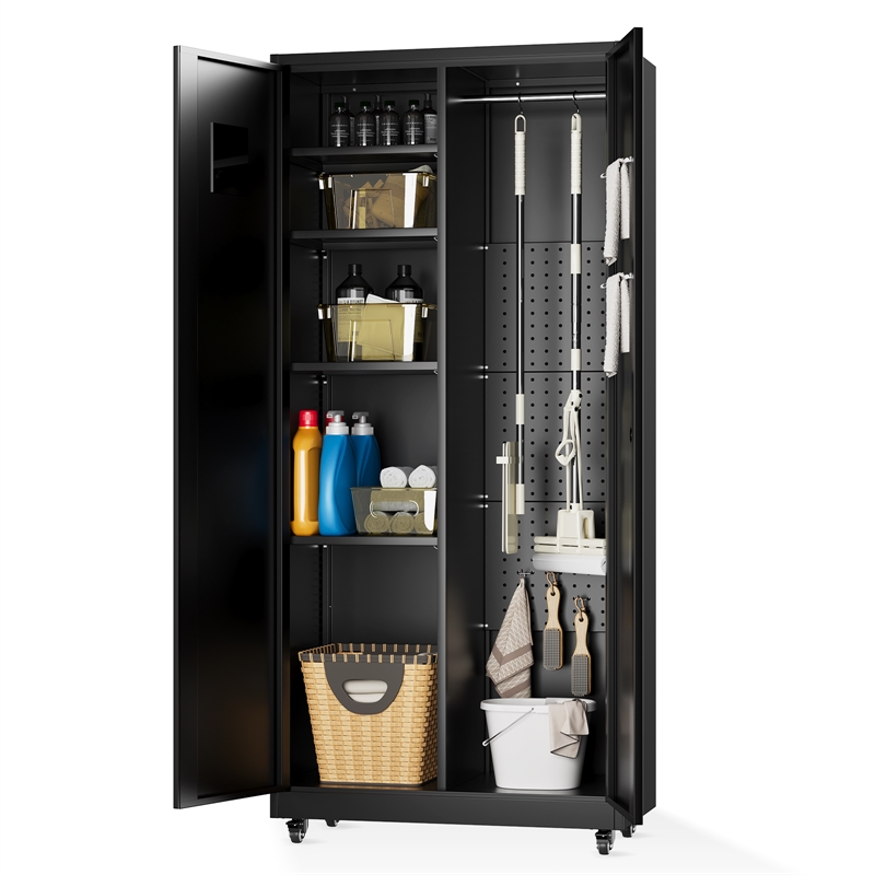 Heavy-Duty Metal Storage Cabinet with Lock & Rolling Tool - Black