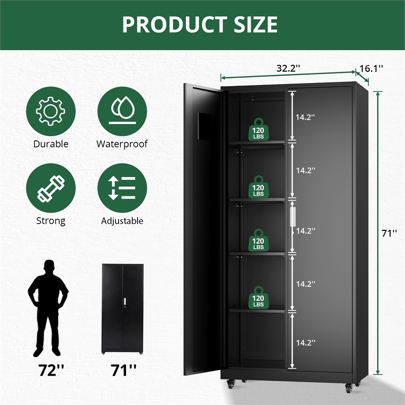 Heavy-Duty Metal Storage Cabinet with Lock & Rolling Tool - Black