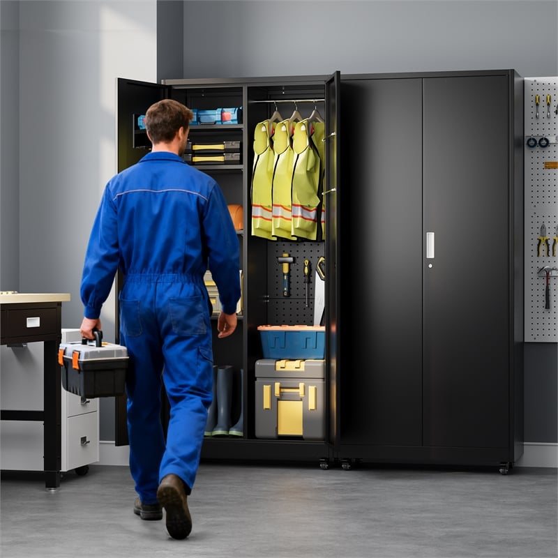 Heavy-Duty Metal Storage Cabinet with Lock & Rolling Tool - Black