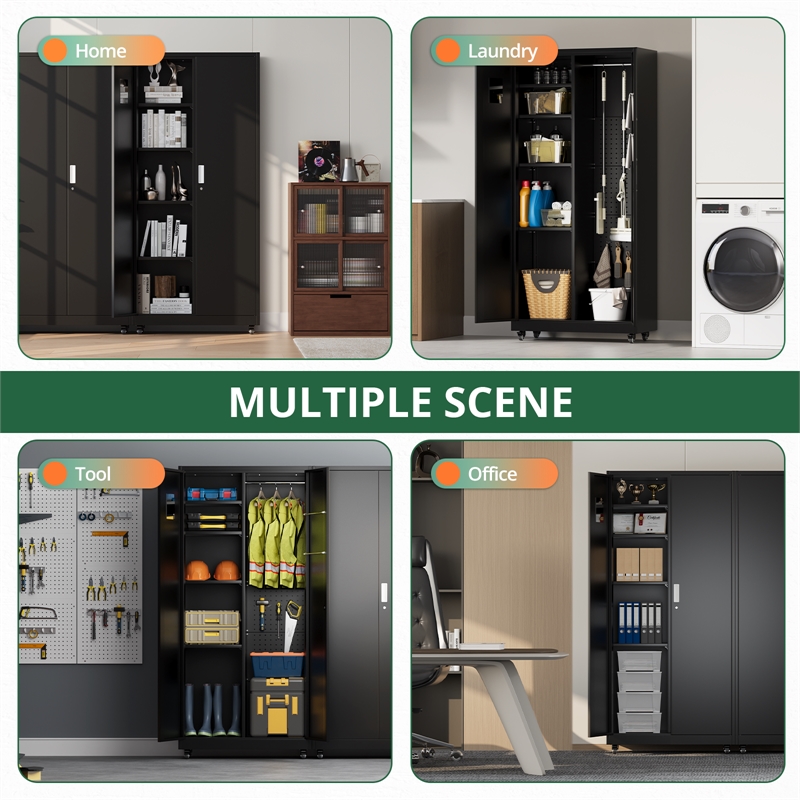 Heavy-Duty Metal Storage Cabinet with Lock & Rolling Tool - Black