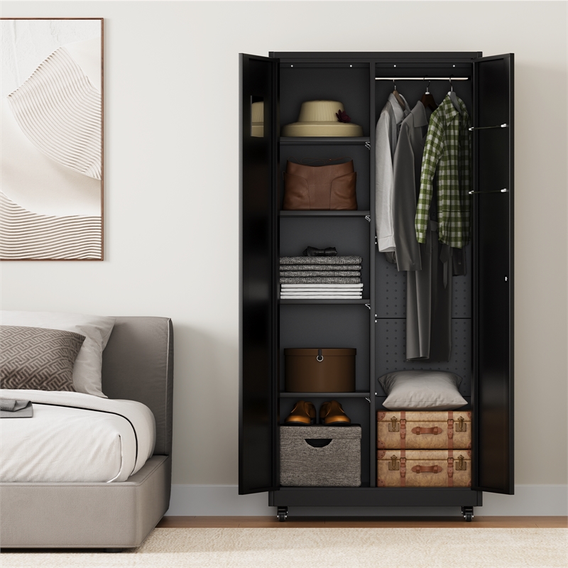 Heavy-Duty Metal Storage Cabinet with Lock & Rolling Tool - Black