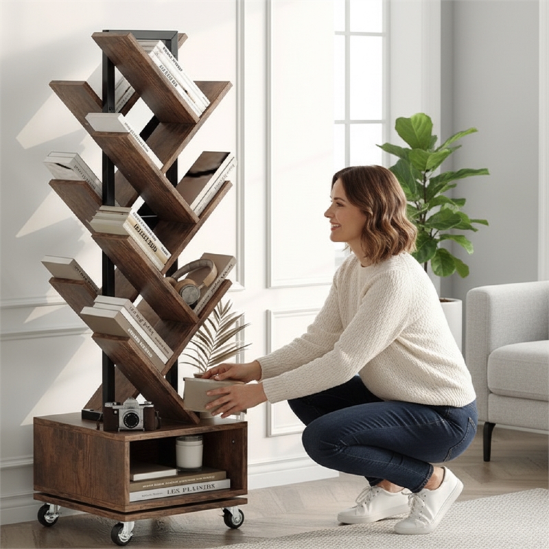 360-Degree Rotating Double V Bookcase with Lockable Wheels & Storage - Brown