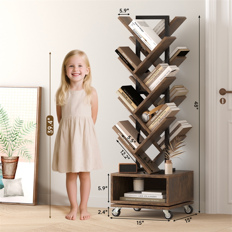360-Degree Rotating Double V Bookcase with Lockable Wheels & Storage - Brown
