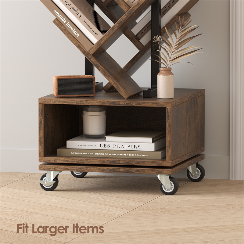 360-Degree Rotating Double V Bookcase with Lockable Wheels & Storage - Brown