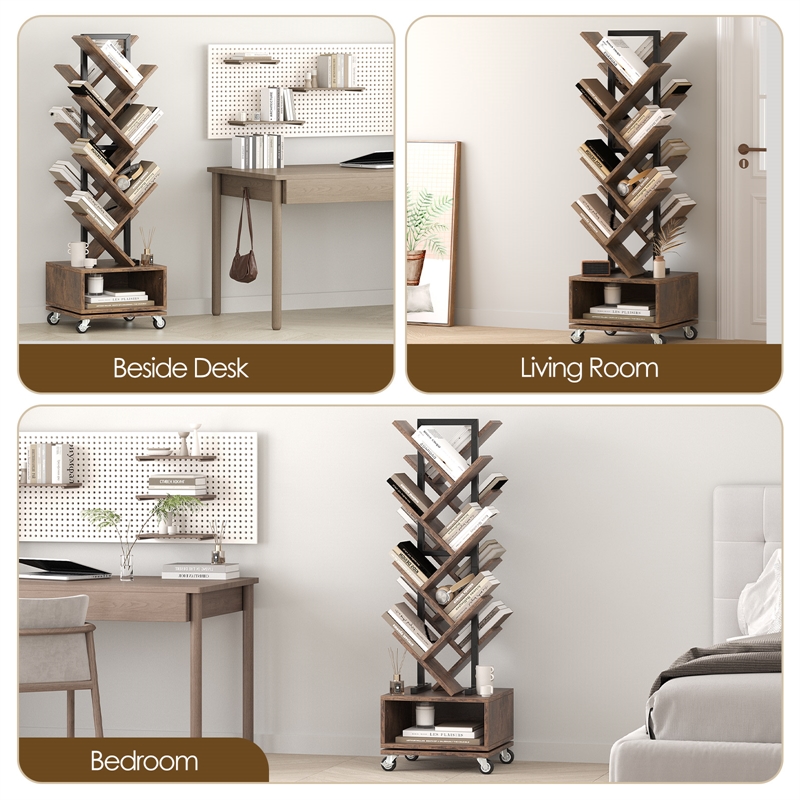 360-Degree Rotating Double V Bookcase with Lockable Wheels & Storage - Brown