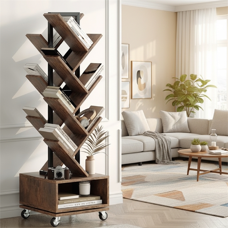 360-Degree Rotating Double V Bookcase with Lockable Wheels & Storage - Brown