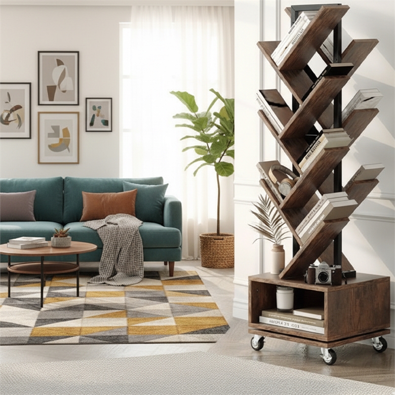 360-Degree Rotating Double V Bookcase with Lockable Wheels & Storage - Brown