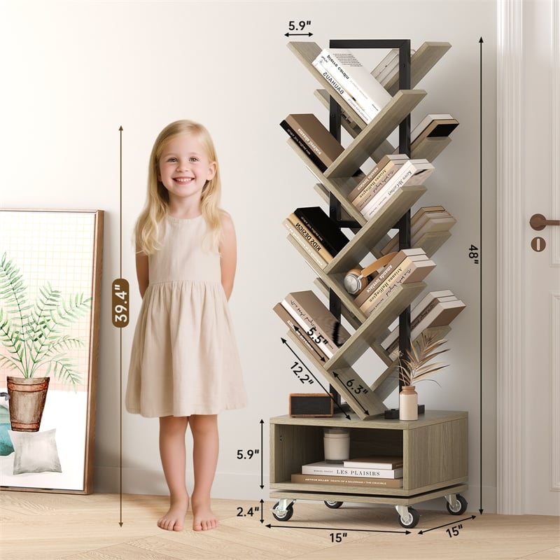 360-Degree Rotating Double V Bookcase with Lockable Wheels & Storage - Gray