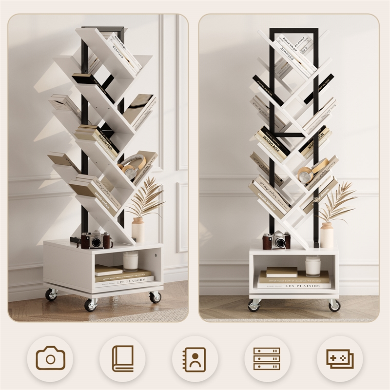 360-Degree Rotating Double V Bookcase with Lockable Wheels & Storage - White