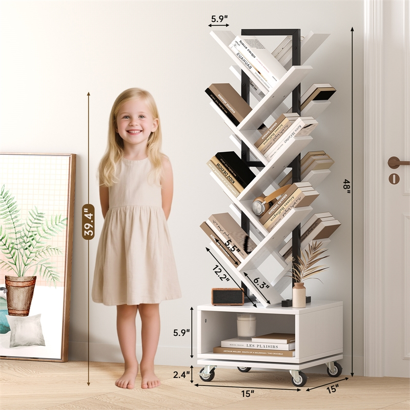 360-Degree Rotating Double V Bookcase with Lockable Wheels & Storage - White