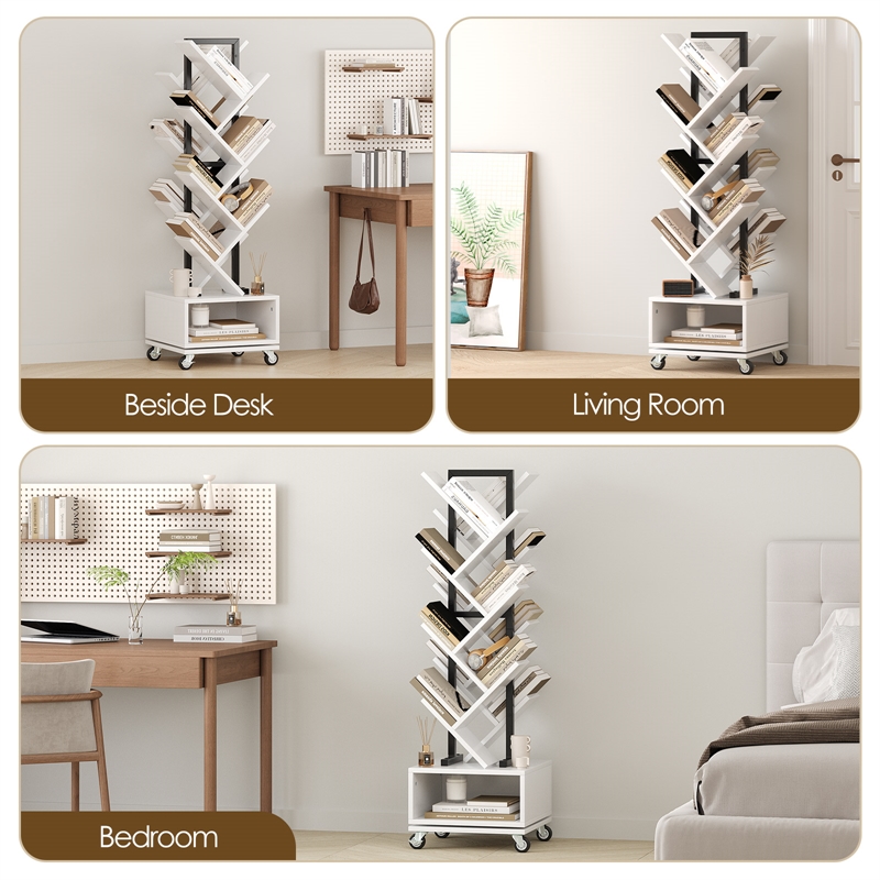 360-Degree Rotating Double V Bookcase with Lockable Wheels & Storage - White