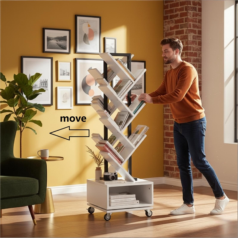 360-Degree Rotating Double V Bookcase with Lockable Wheels & Storage - White