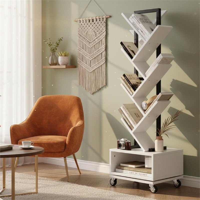 360-Degree Rotating Double V Bookcase with Lockable Wheels & Storage - White