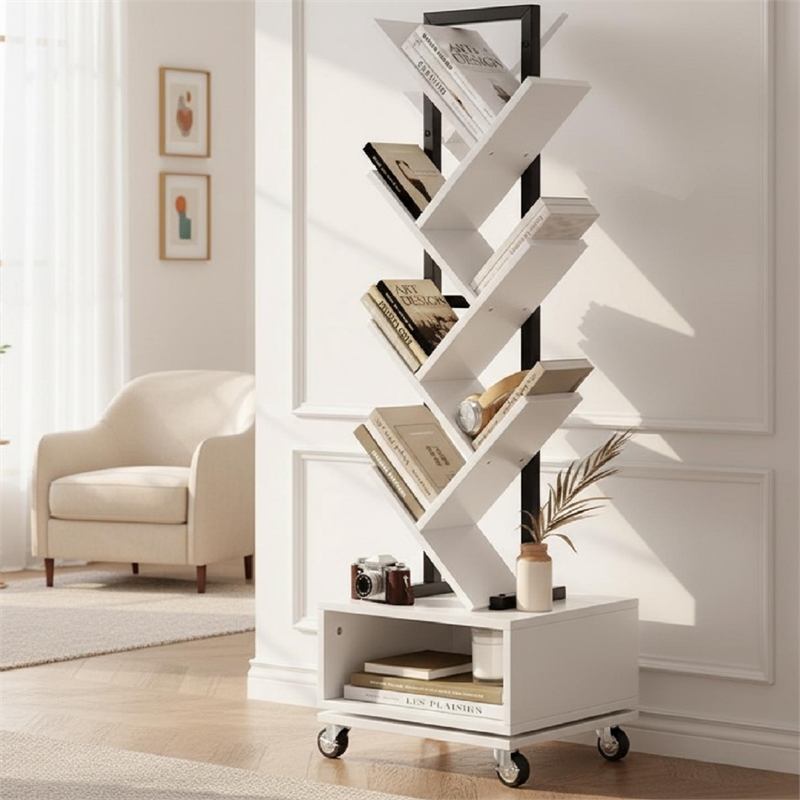 360-Degree Rotating Double V Bookcase with Lockable Wheels & Storage - White
