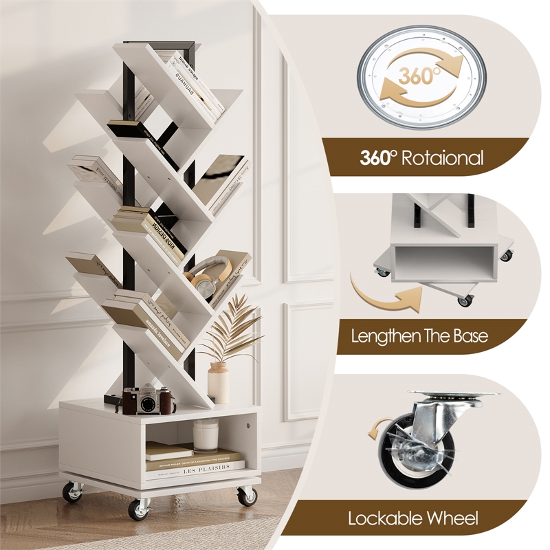 360-Degree Rotating Double V Bookcase with Lockable Wheels & Storage - White