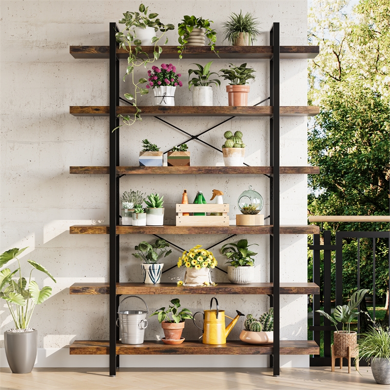 Heavy-Duty Brown Engineered Wood 6-Tier Bookshelf with Anti-Tip Kit