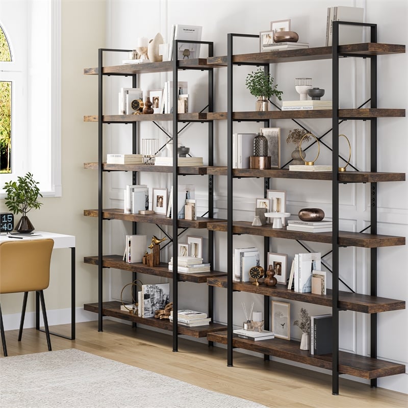 Heavy-Duty Brown Engineered Wood 6-Tier Bookshelf with Anti-Tip Kit