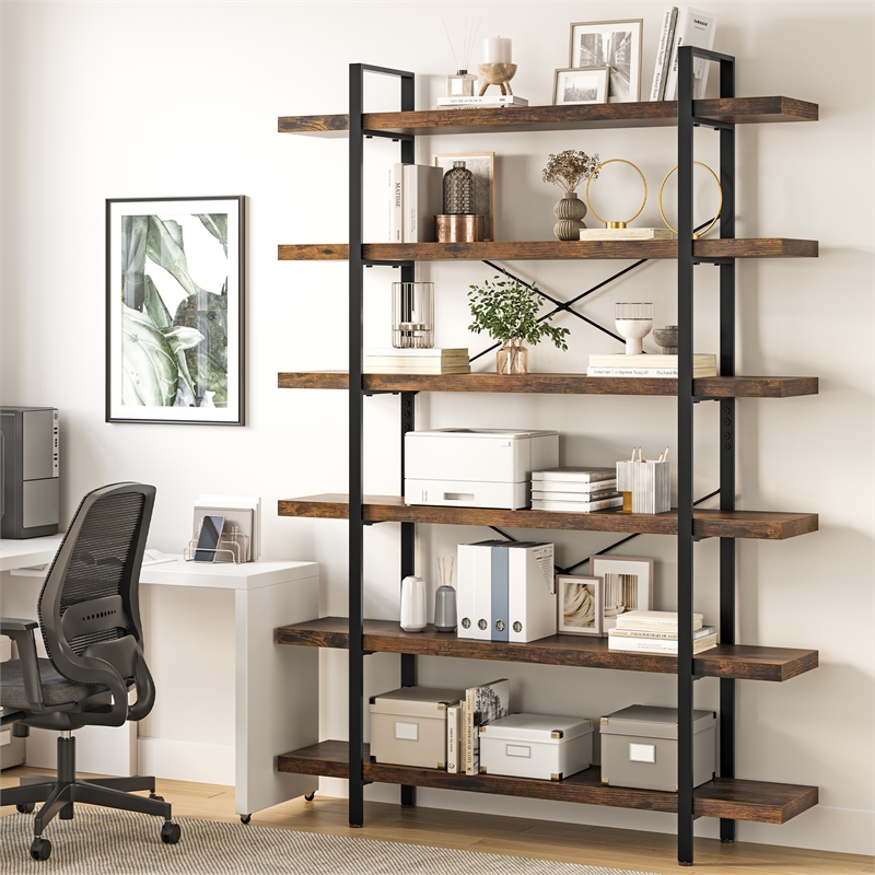 Heavy-Duty Brown Engineered Wood 6-Tier Bookshelf with Anti-Tip Kit