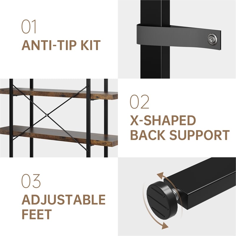 Heavy-Duty Brown Engineered Wood 6-Tier Bookshelf with Anti-Tip Kit
