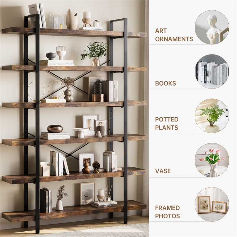 Heavy-Duty Brown Engineered Wood 6-Tier Bookshelf with Anti-Tip Kit