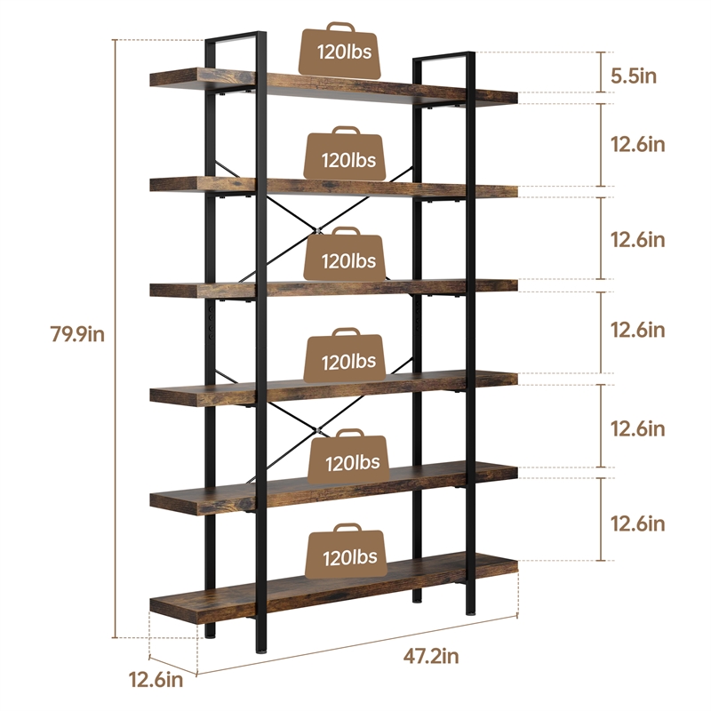 Heavy-Duty Brown Engineered Wood 6-Tier Bookshelf with Anti-Tip Kit