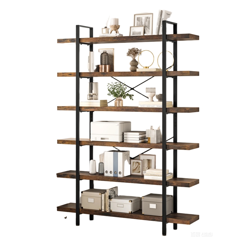Heavy-Duty Brown Engineered Wood 6-Tier Bookshelf with Anti-Tip Kit