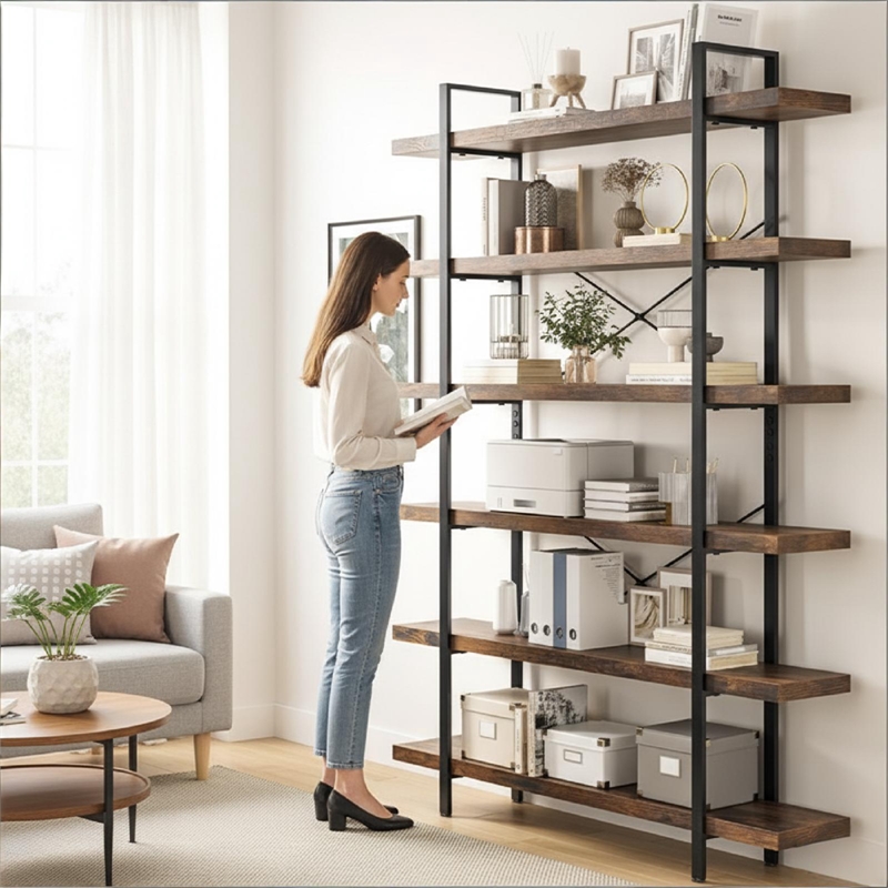 Heavy-Duty Brown Engineered Wood 6-Tier Bookshelf with Anti-Tip Kit