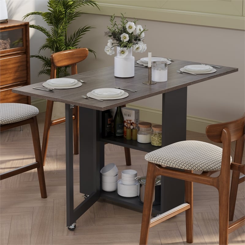 Space-Saving Folding Dining Table with 2-Layer Shelving & Lockable Wheels - Gray