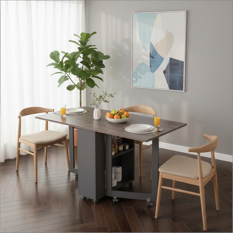 Space-Saving Folding Dining Table with 2-Layer Shelving & Lockable Wheels - Gray