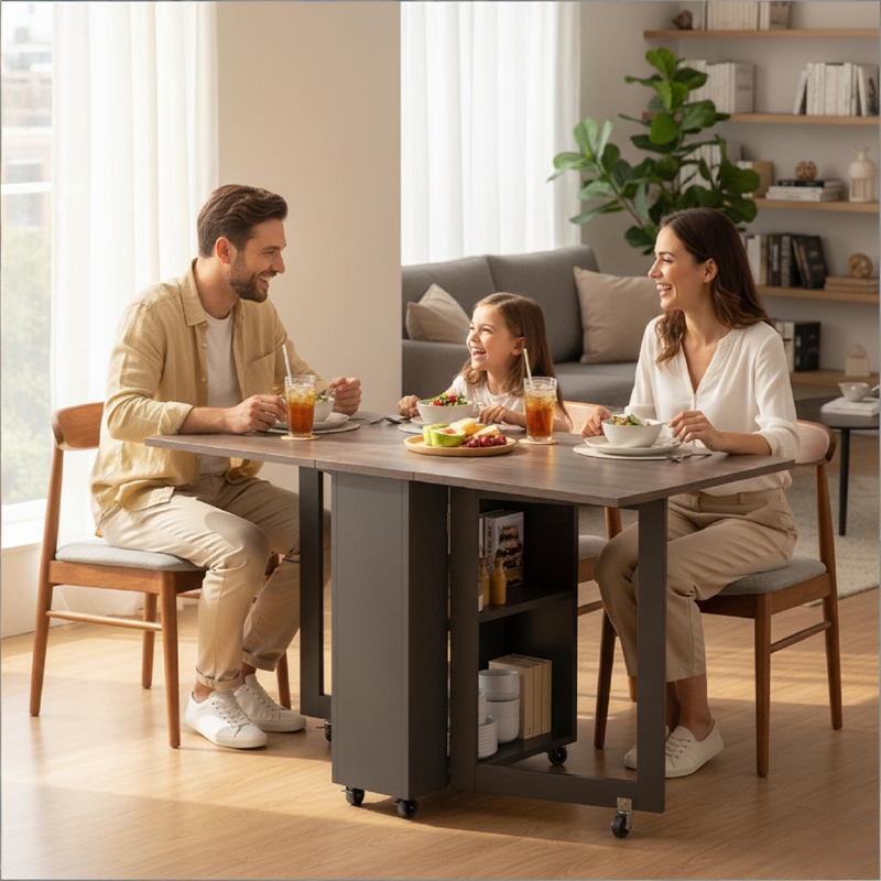 Space-Saving Folding Dining Table with 2-Layer Shelving & Lockable Wheels - Gray