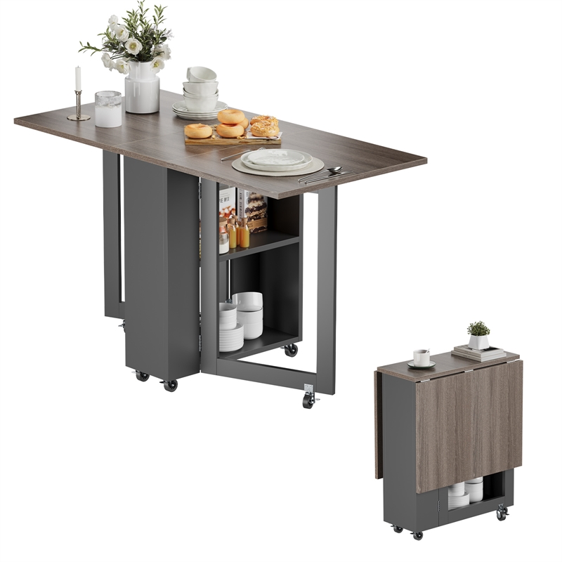Space-Saving Folding Dining Table with 2-Layer Shelving & Lockable Wheels - Gray