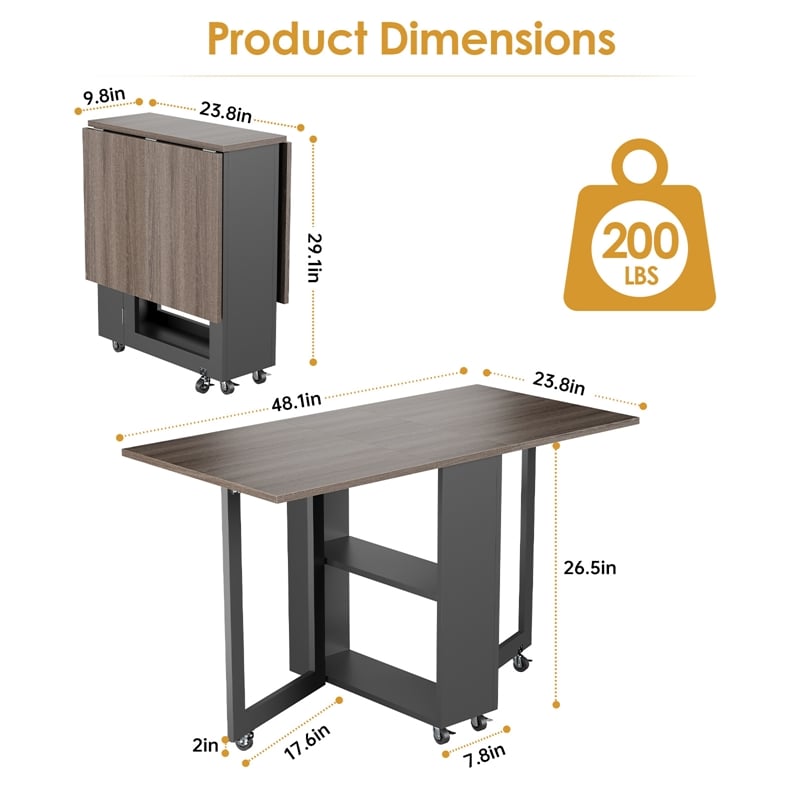 Space-Saving Folding Dining Table with 2-Layer Shelving & Lockable Wheels - Gray