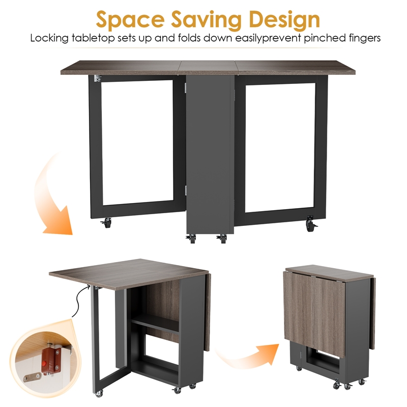 Space-Saving Folding Dining Table with 2-Layer Shelving & Lockable Wheels - Gray