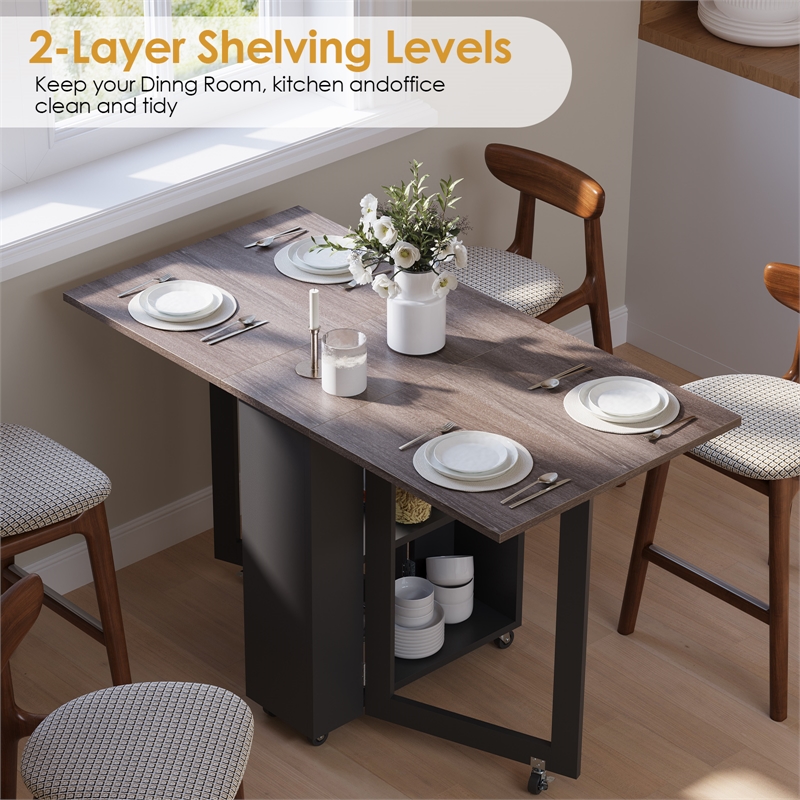 Space-Saving Folding Dining Table with 2-Layer Shelving & Lockable Wheels - Gray