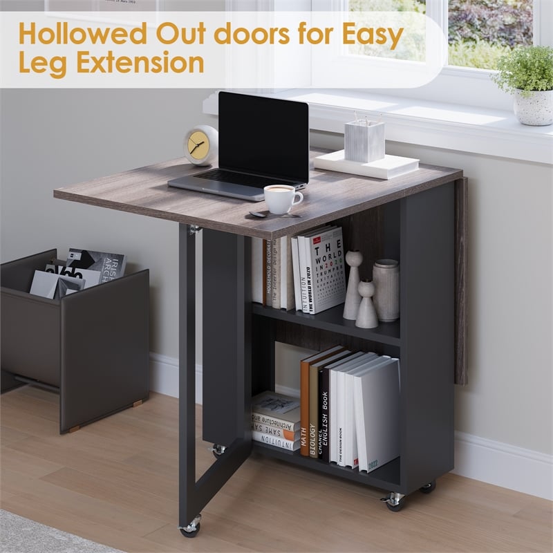 Space-Saving Folding Dining Table with 2-Layer Shelving & Lockable Wheels - Gray