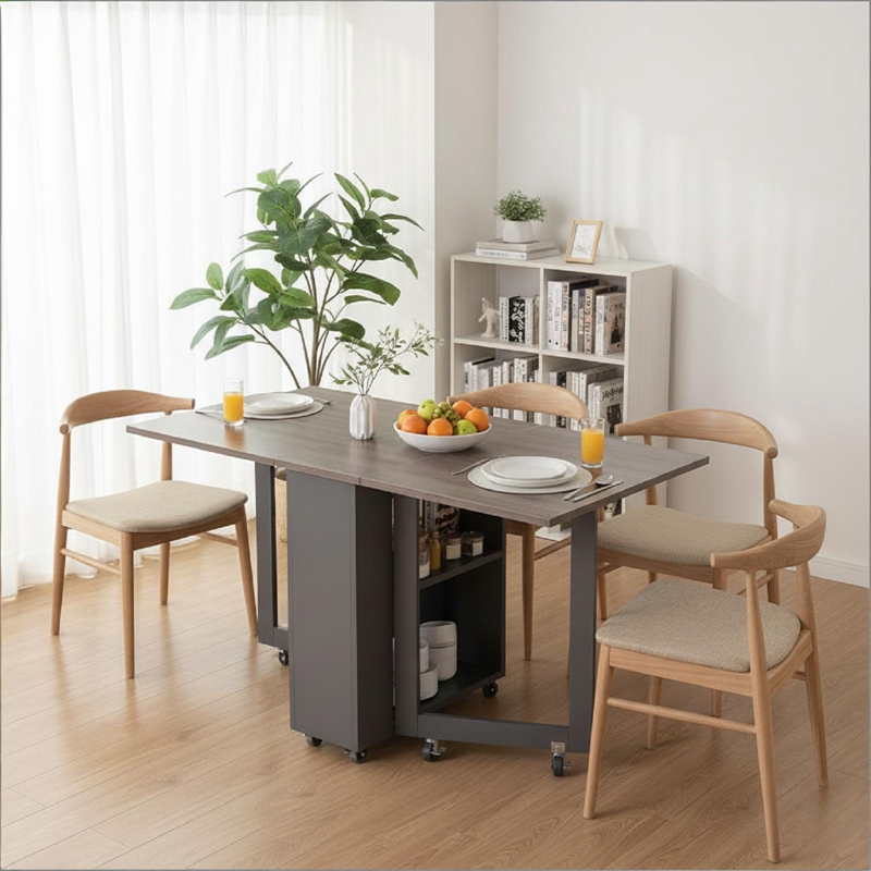Space-Saving Folding Dining Table with 2-Layer Shelving & Lockable Wheels - Gray