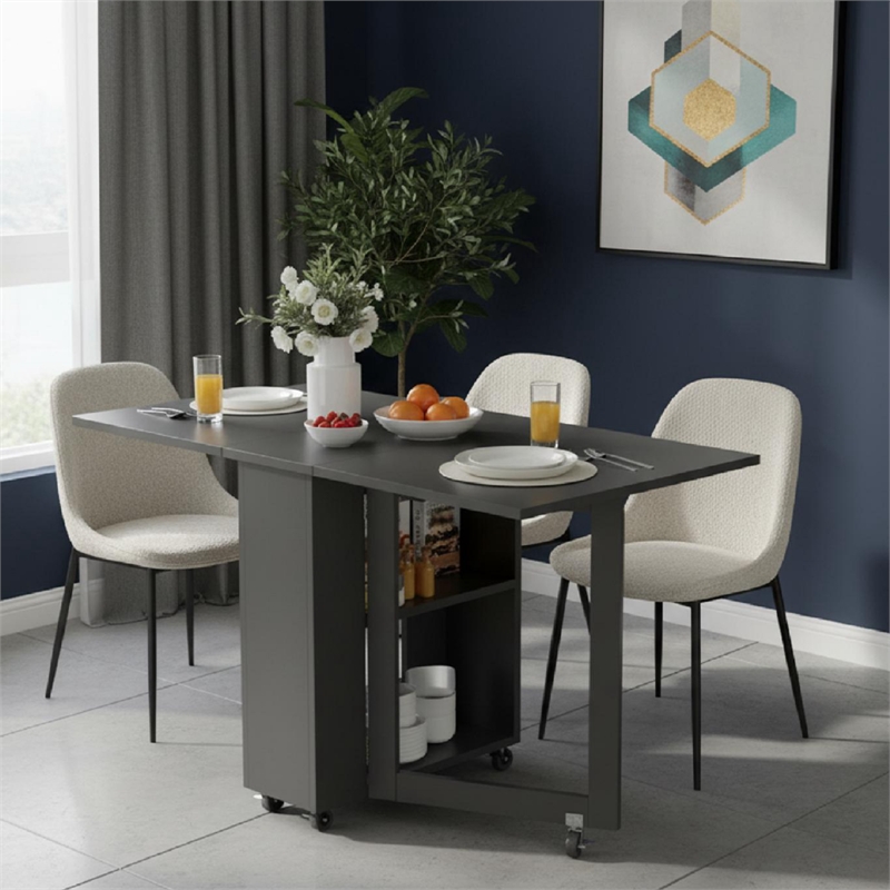 Space-Saving Folding Dining Table with 2-Layer Shelving & Lockable Wheels -Black