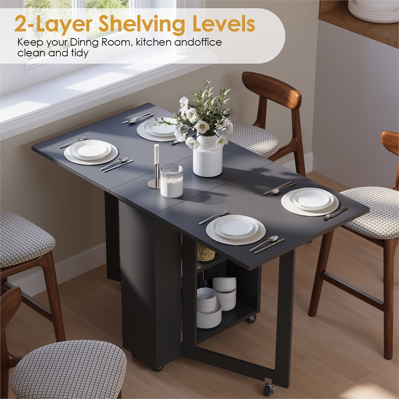 Space-Saving Folding Dining Table with 2-Layer Shelving & Lockable Wheels -Black