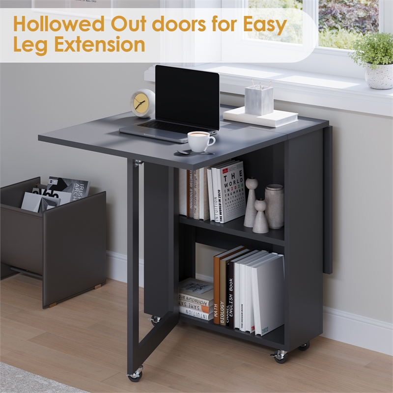 Space-Saving Folding Dining Table with 2-Layer Shelving & Lockable Wheels -Black