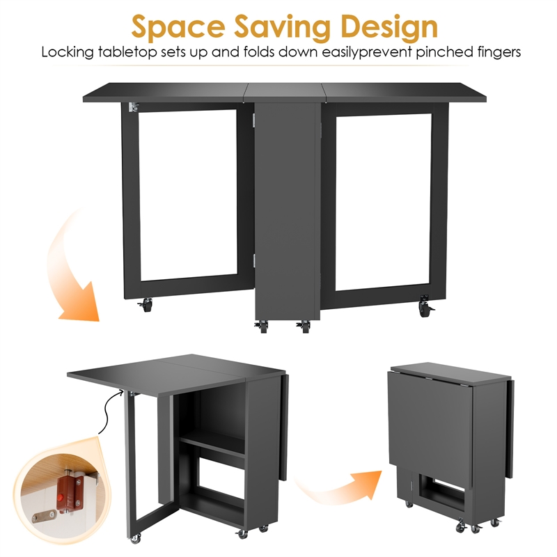 Space-Saving Folding Dining Table with 2-Layer Shelving & Lockable Wheels -Black