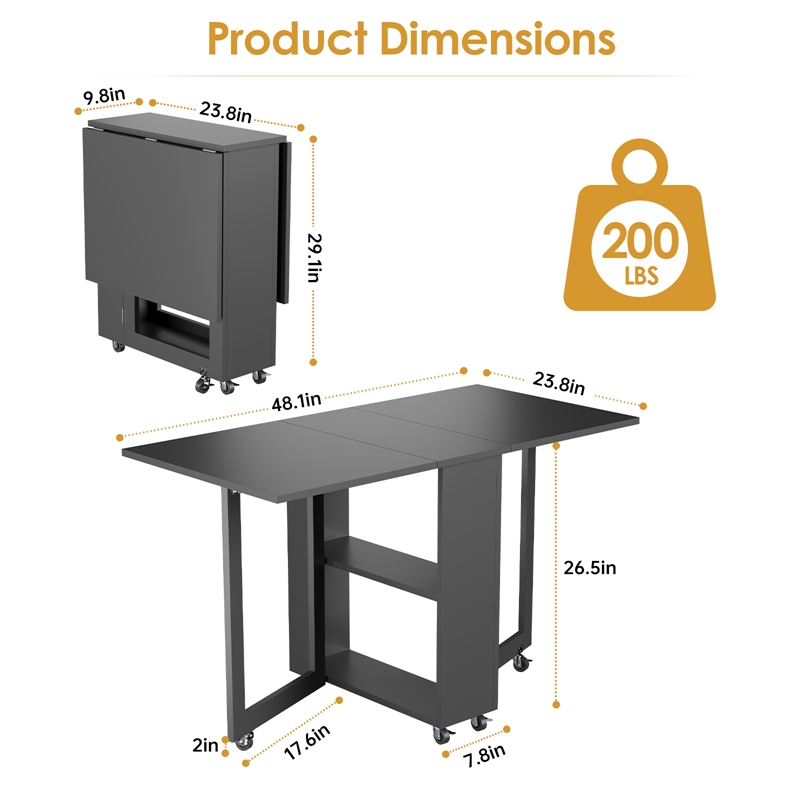 Space-Saving Folding Dining Table with 2-Layer Shelving & Lockable Wheels -Black