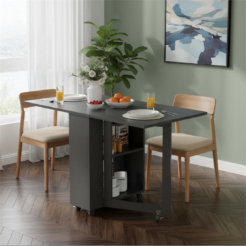 Space-Saving Folding Dining Table with 2-Layer Shelving & Lockable Wheels -Black