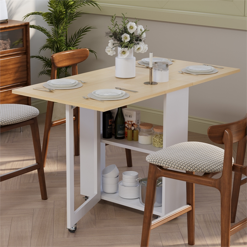 Space-Saving Folding Dining Table with 2-Layer Shelving & Lockable Wheels -White