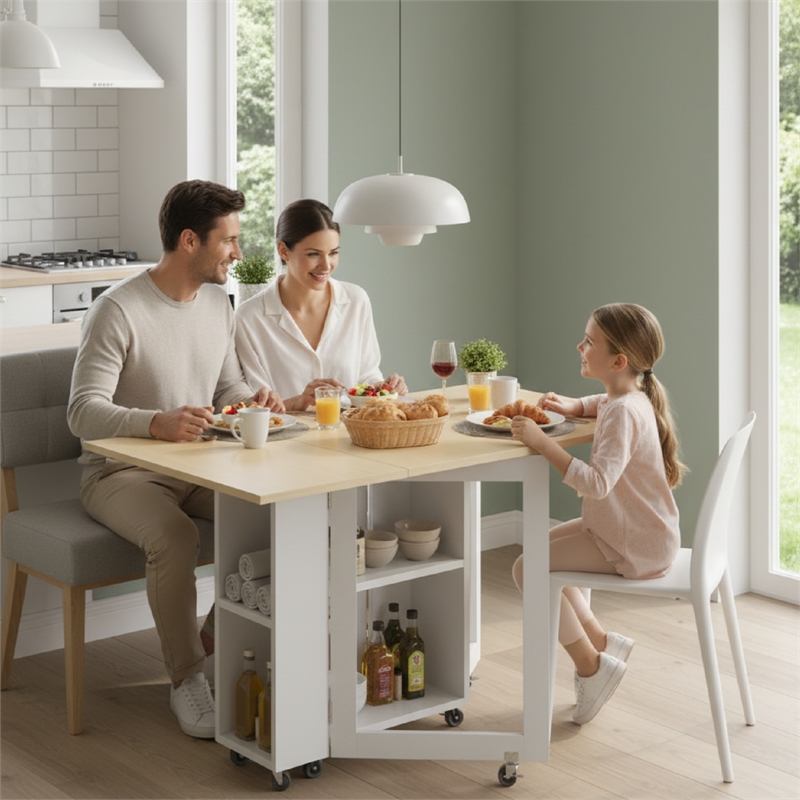 Space-Saving Folding Dining Table with 2-Layer Shelving & Lockable Wheels -White