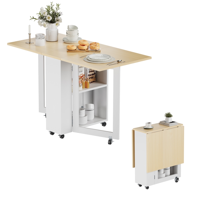 Space-Saving Folding Dining Table with 2-Layer Shelving & Lockable Wheels -White