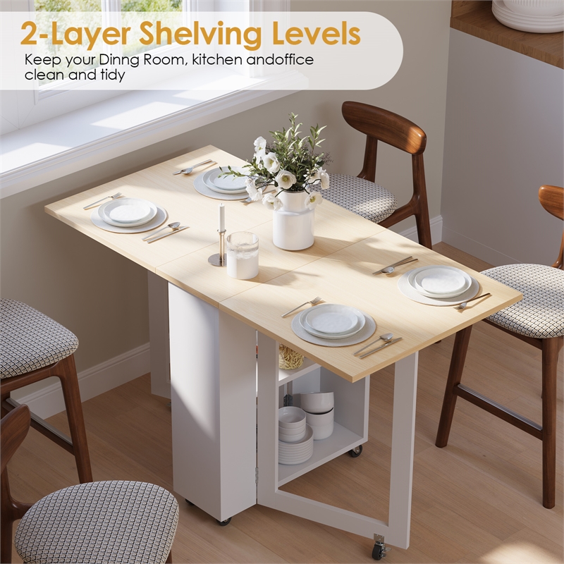 Space-Saving Folding Dining Table with 2-Layer Shelving & Lockable Wheels -White