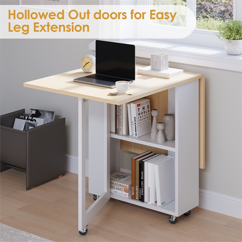 Space-Saving Folding Dining Table with 2-Layer Shelving & Lockable Wheels -White