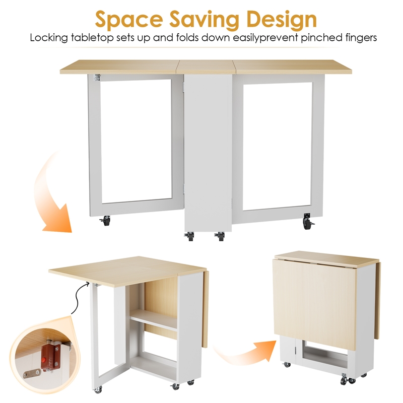 Space-Saving Folding Dining Table with 2-Layer Shelving & Lockable Wheels -White